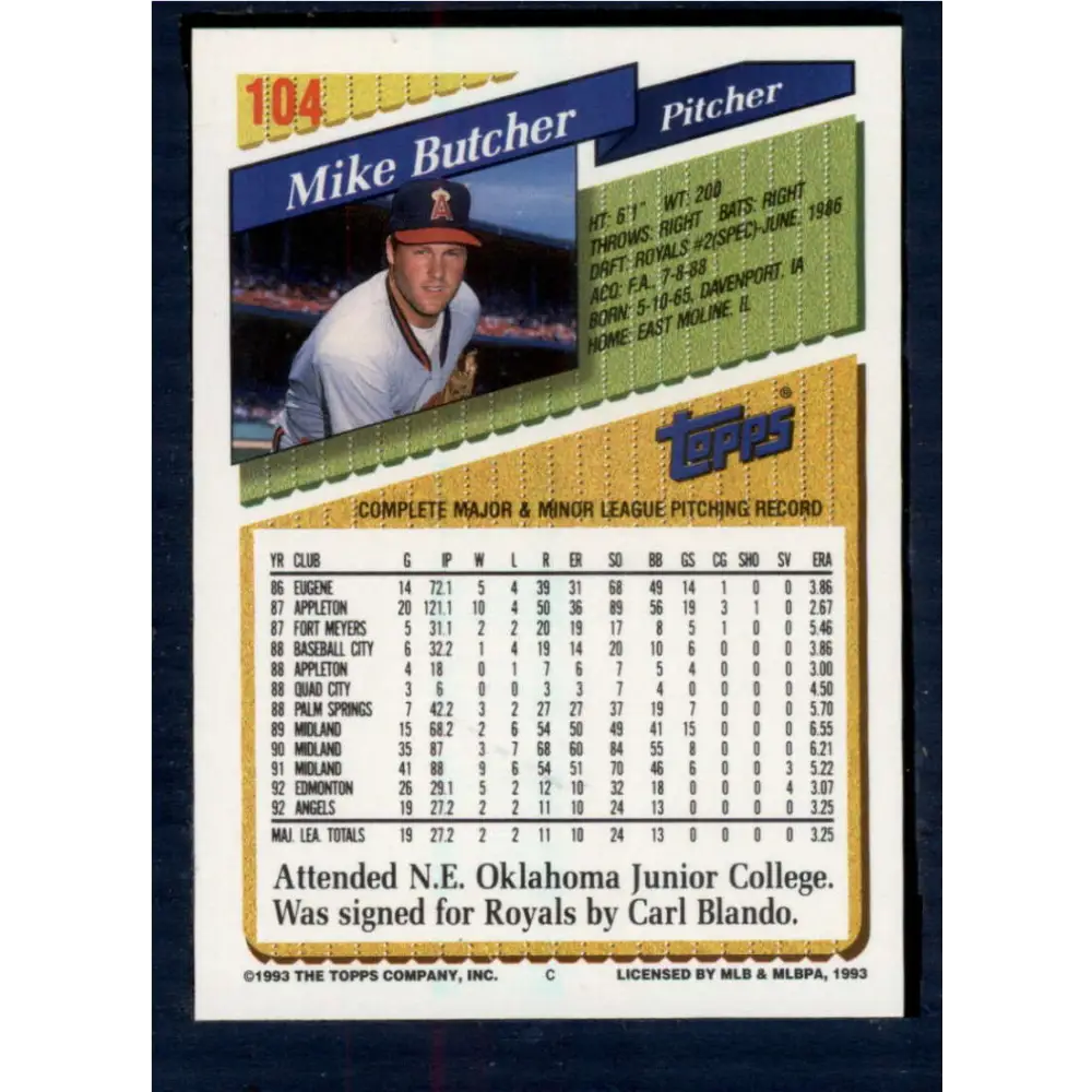 1993 Topps #104 Mike Butcher NM-MT California Angels Baseball Card Image 2