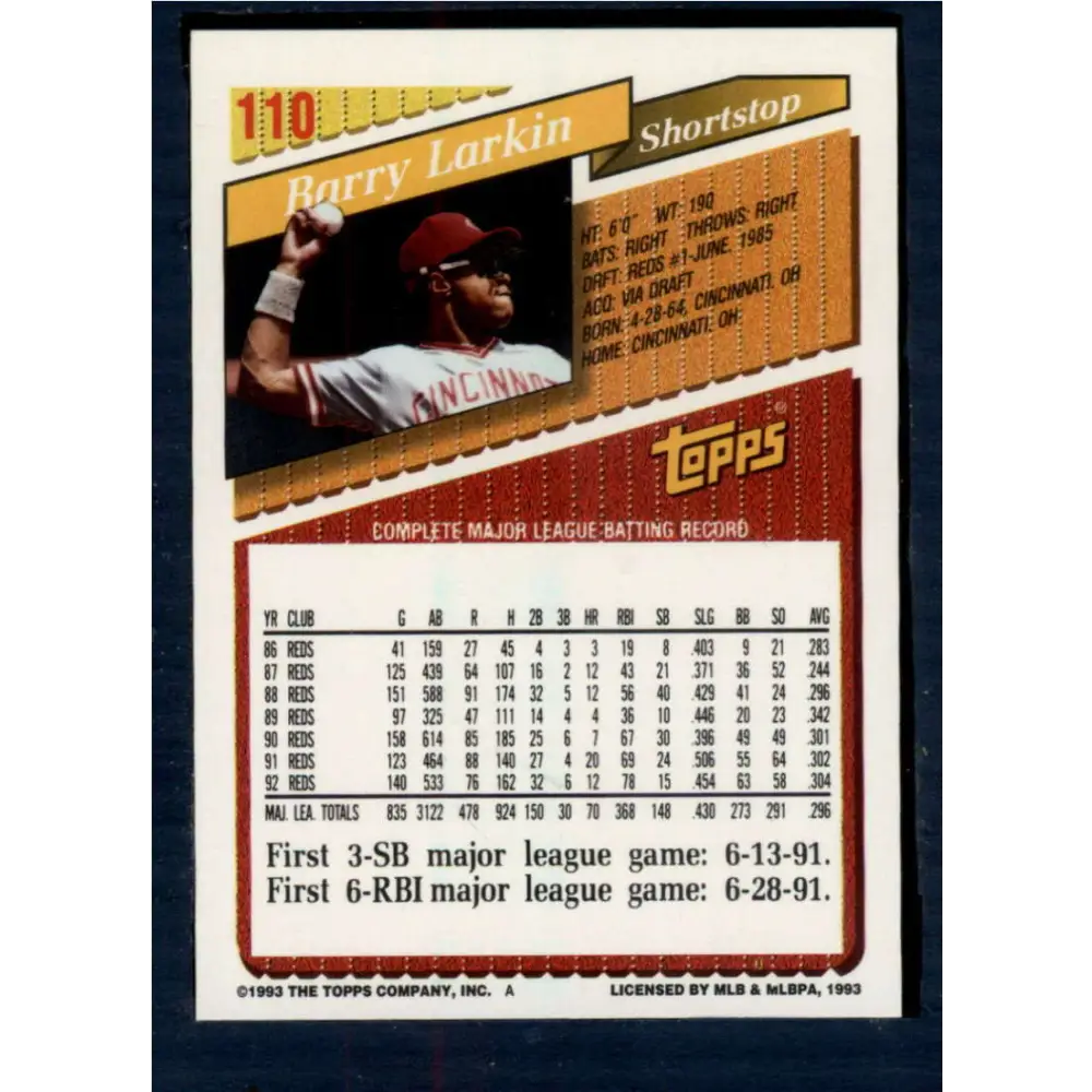 1993 Topps #110 Barry Larkin NM-MT Cincinnati Reds Baseball Card Image 2
