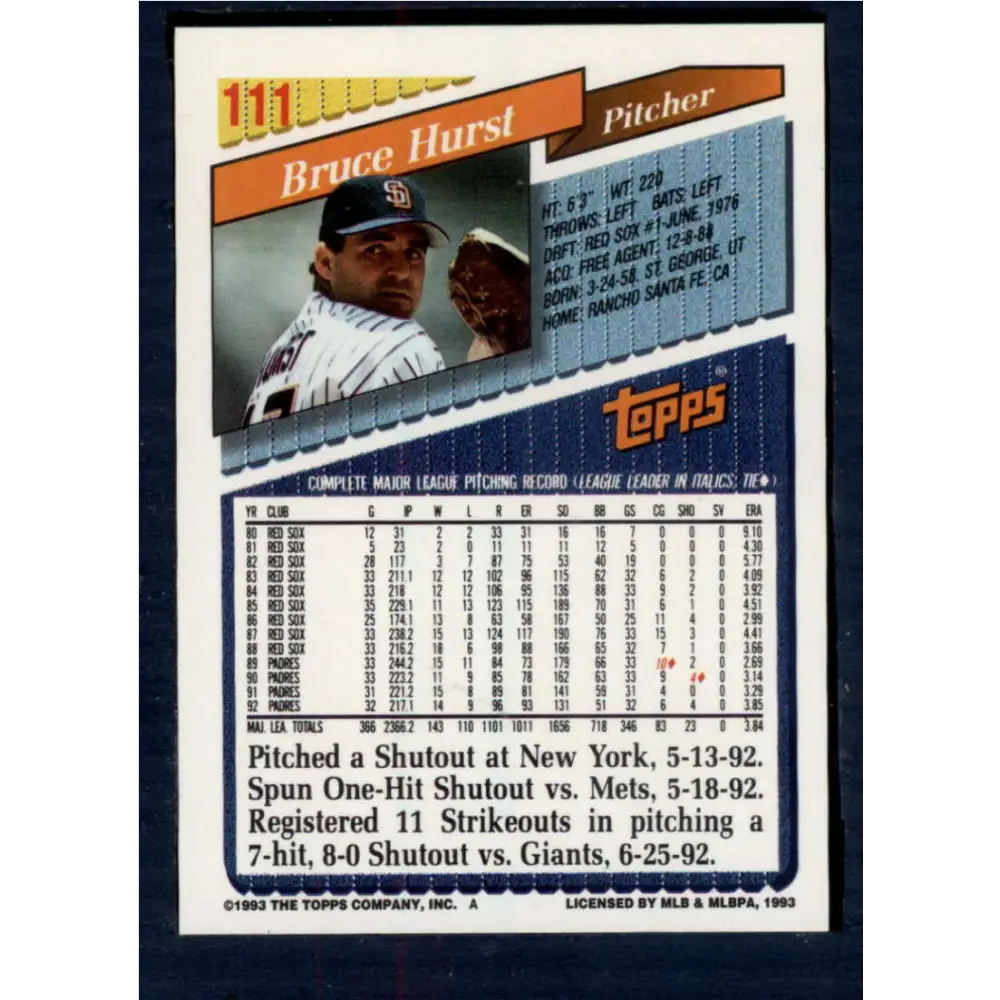 1993 Topps #111 Bruce Hurst NM-MT San Diego Padres Baseball Card Image 2