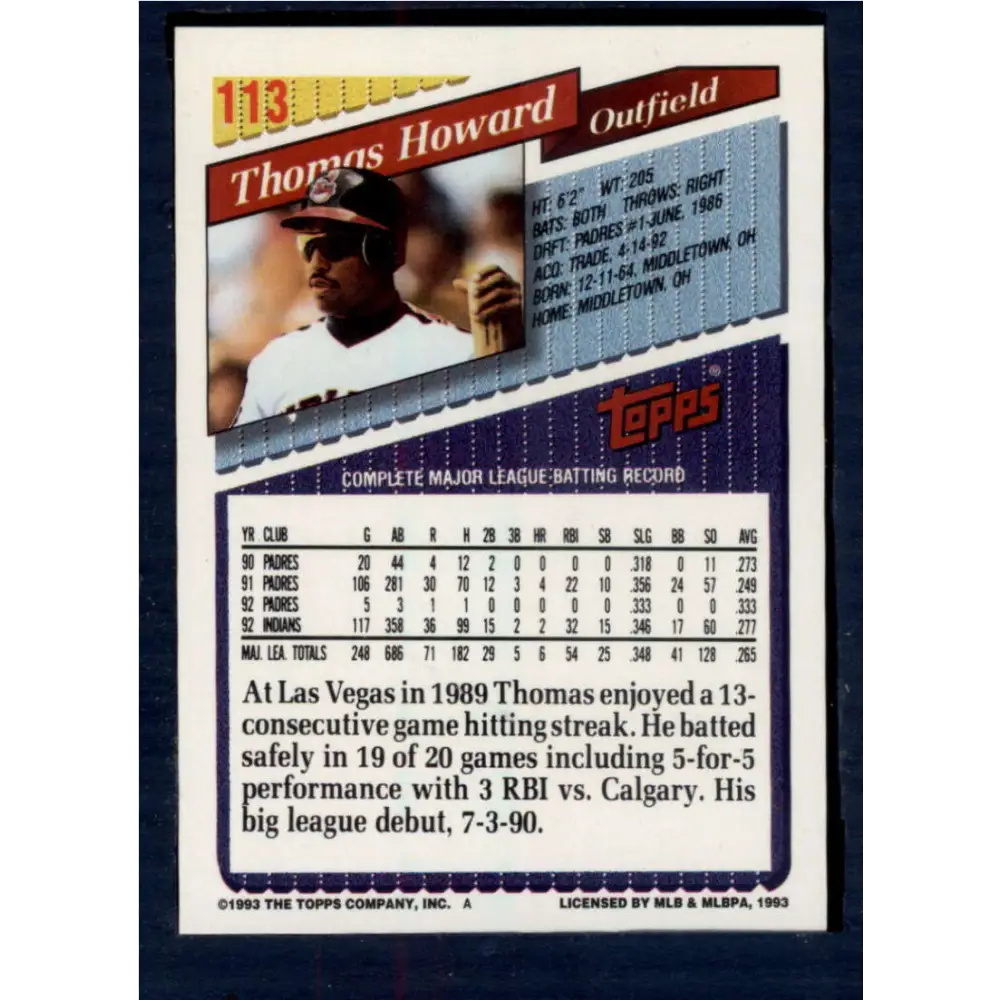 1993 Topps #113 Thomas Howard NM-MT Cleveland Indians Baseball Card Image 2