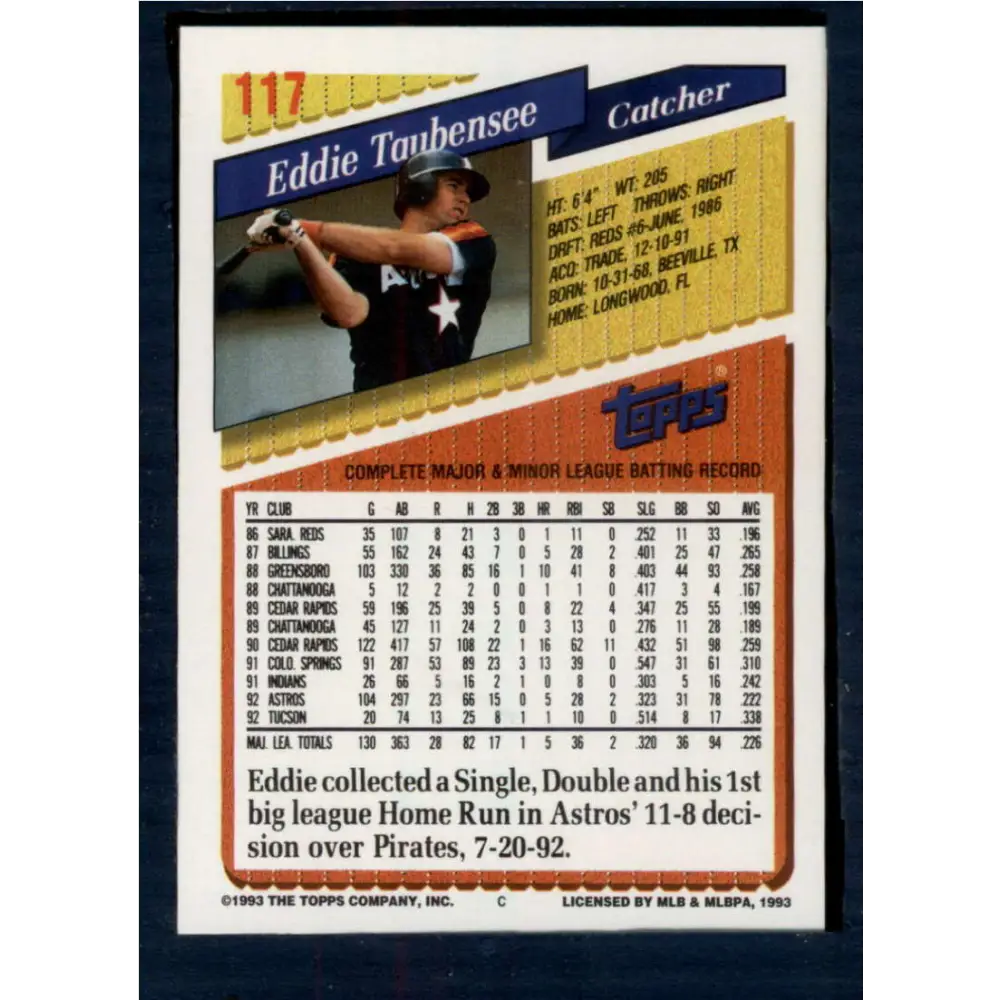 1993 Topps #117 Eddie Taubensee NM-MT Houston Astros Baseball Card Image 2