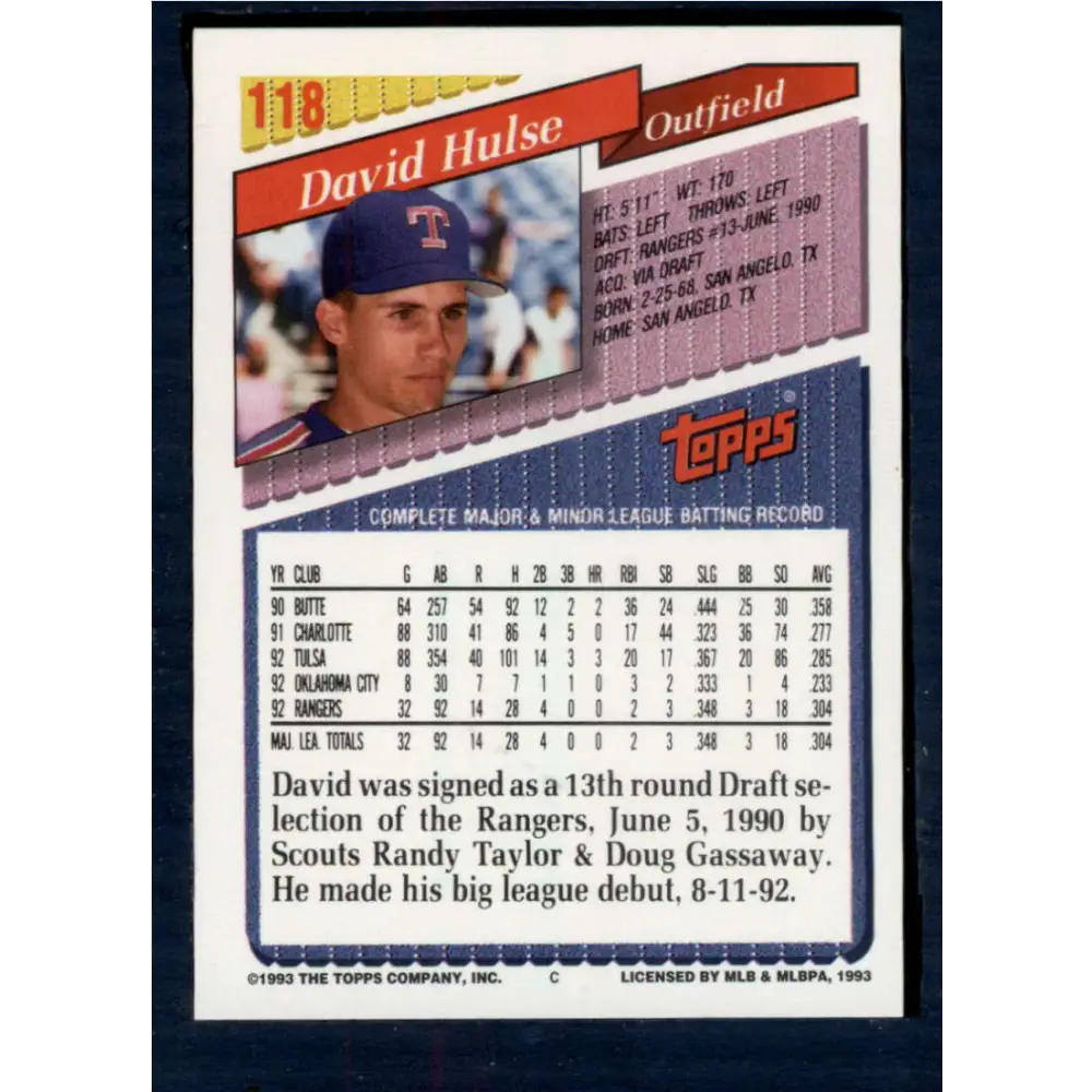 1993 Topps #118 David Hulse NM-MT RC Rookie Texas Rangers Baseball Card Image 2