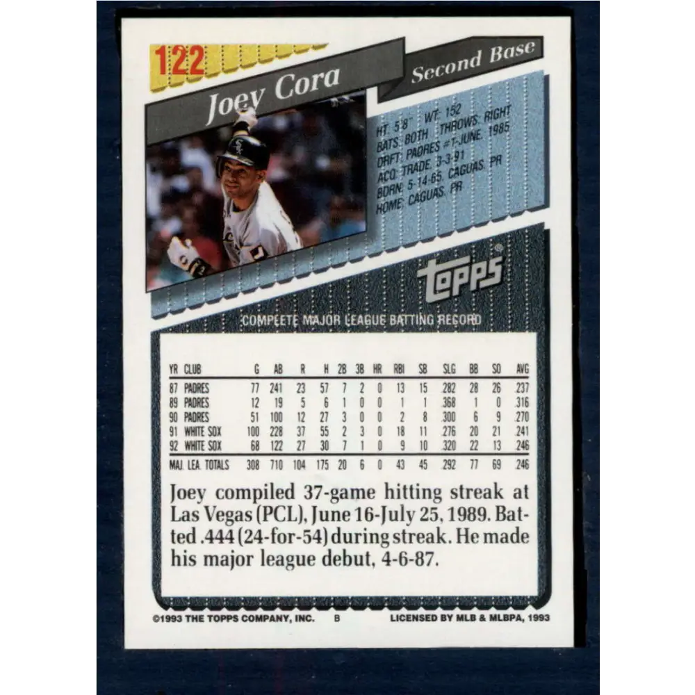 1993 Topps #122 Joey Cora NM-MT Chicago White Sox Baseball Card Image 2