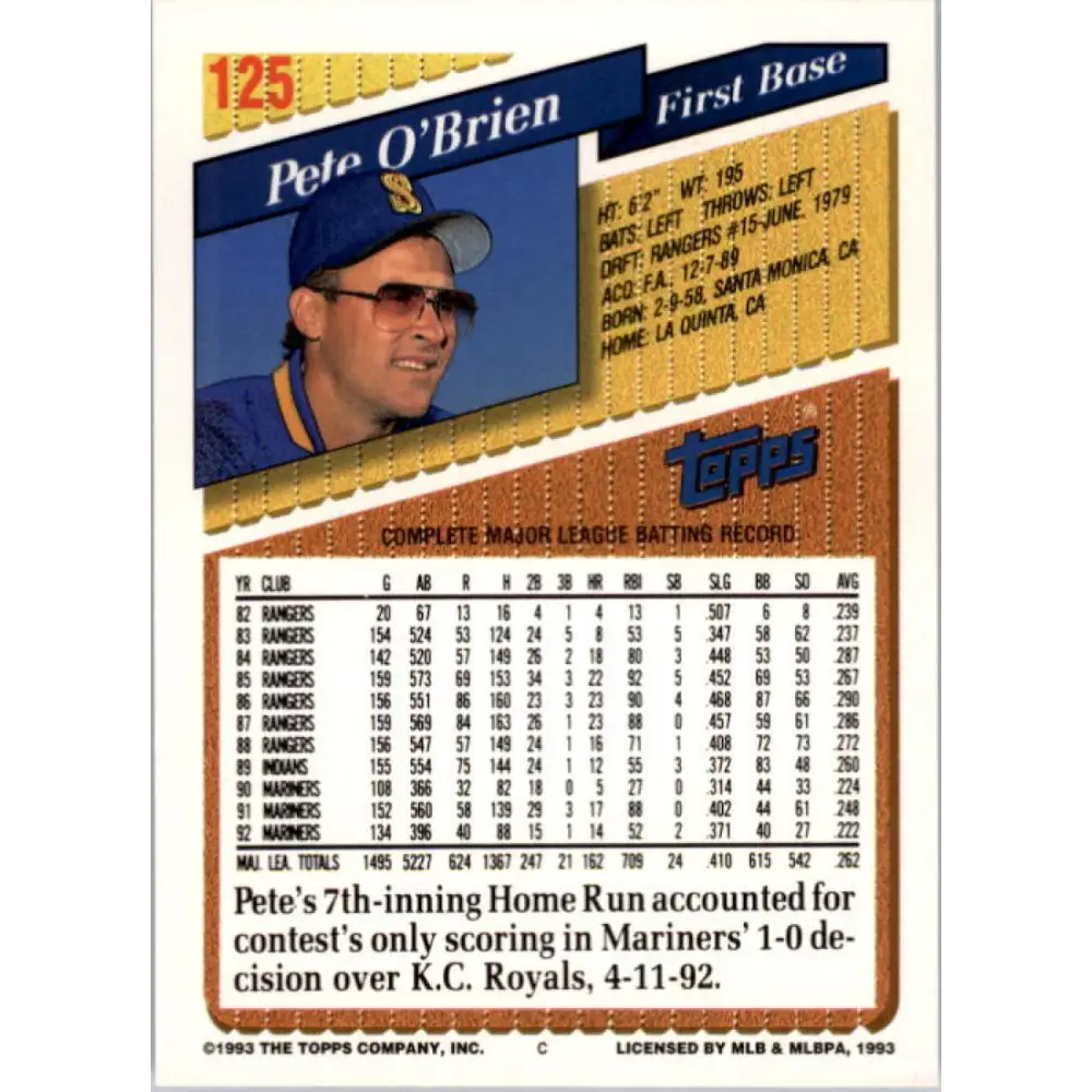1993 Topps #125 Pete O'Brien NM-MT Seattle Mariners Baseball Card Image 2