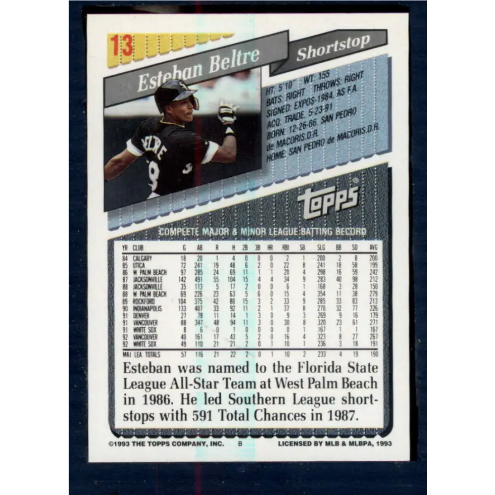 1993 Topps #13 Esteban Beltre NM-MT Chicago White Sox Baseball Card Image 2