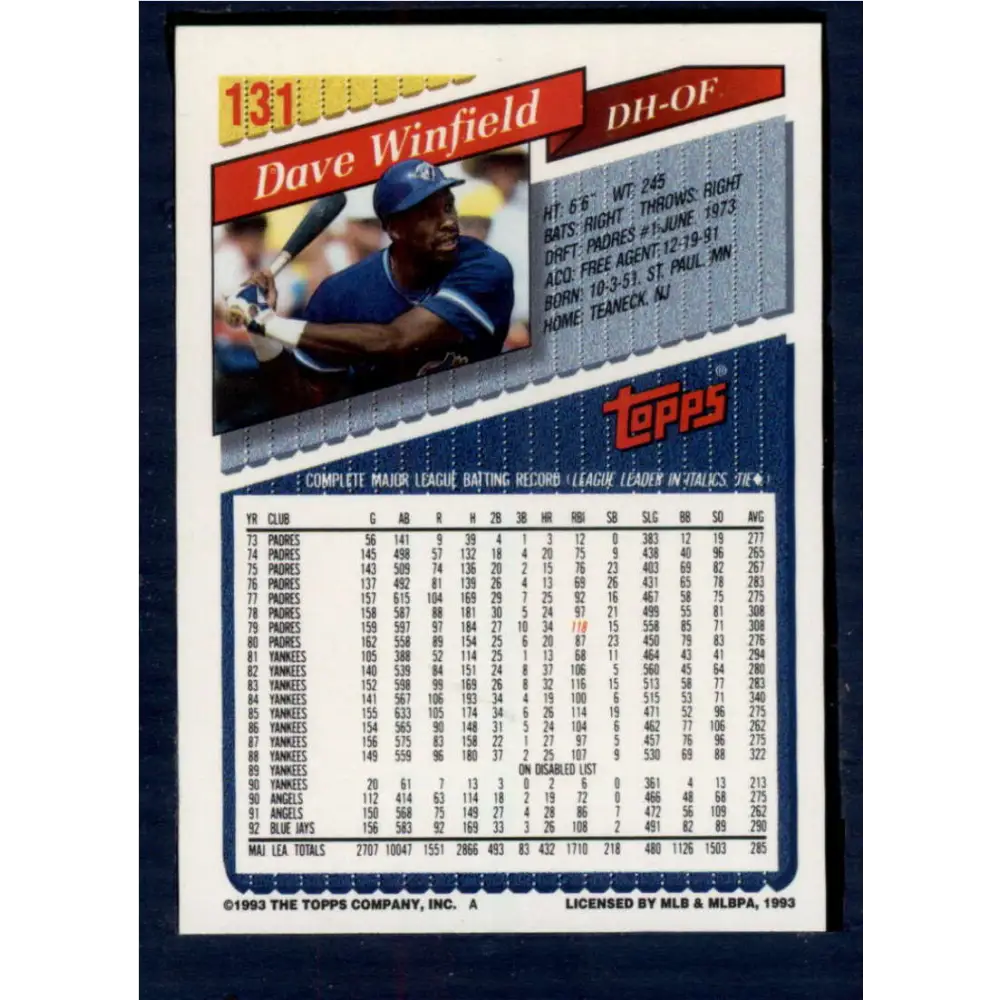 1993 Topps #131 Dave Winfield NM-MT Toronto Blue Jays Baseball Card Image 2