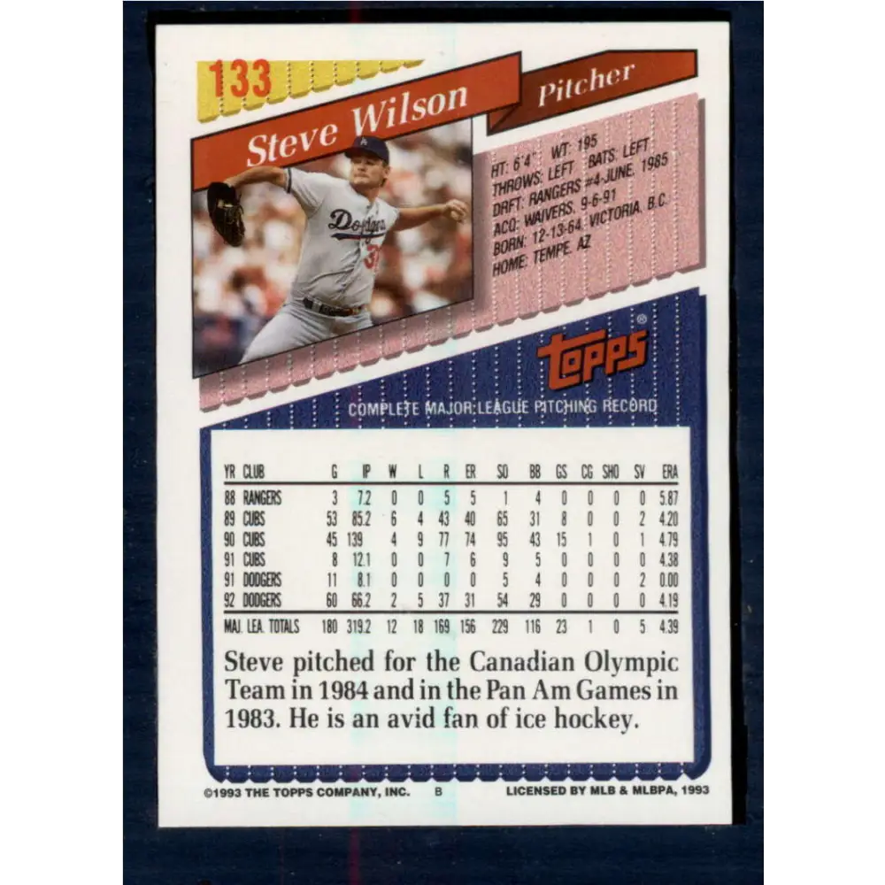 1993 Topps #133 Steve Wilson NM-MT Los Angeles Dodgers Baseball Card Image 2