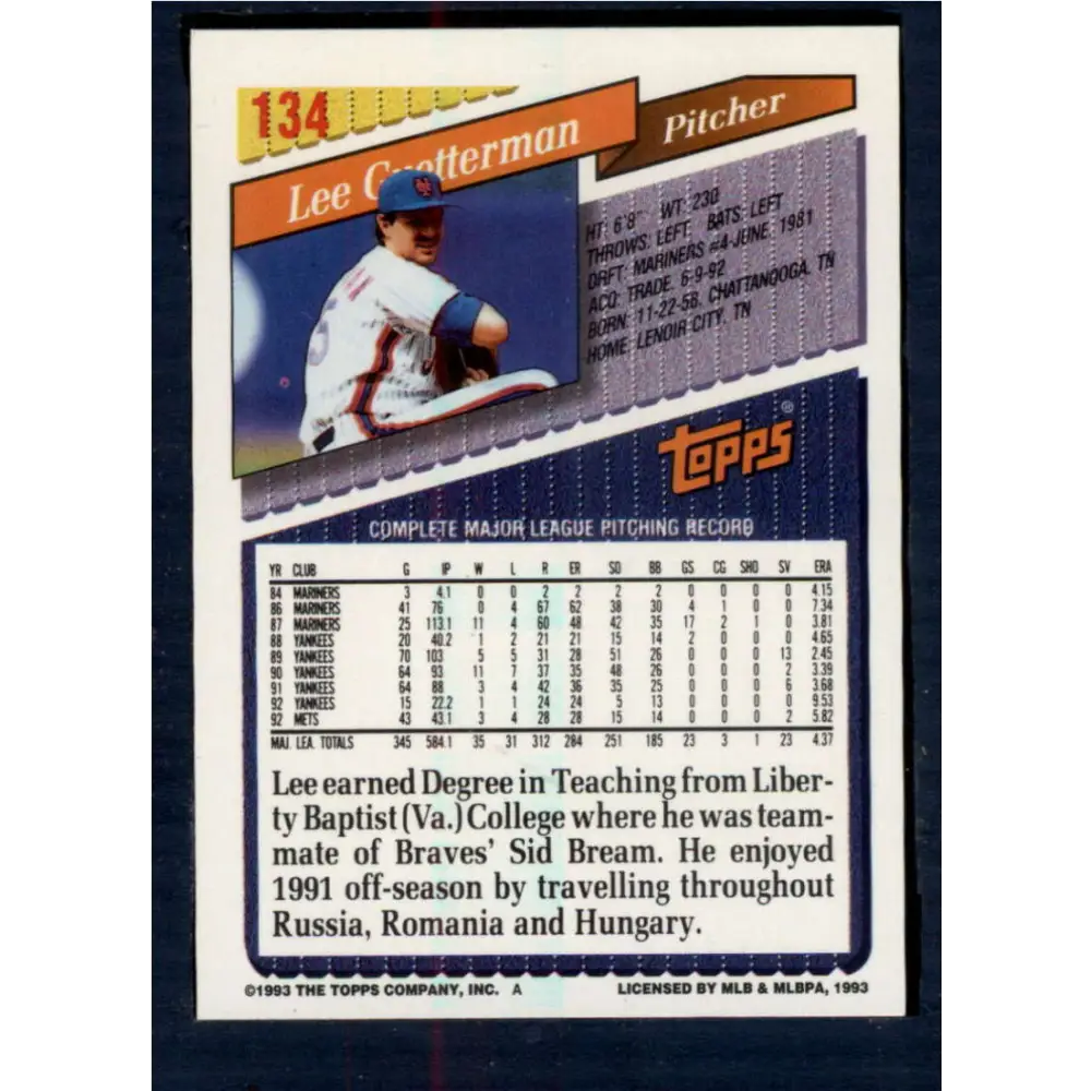 1993 Topps #134 Lee Guetterman NM-MT New York Mets Baseball Card Image 2
