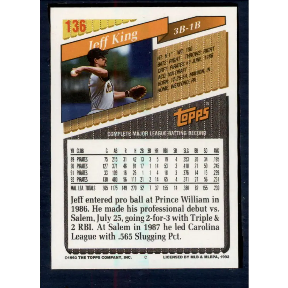 1993 Topps #136 Jeff King NM-MT Pittsburgh Pirates Baseball Card Image 2