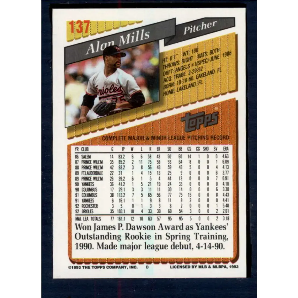 1993 Topps #137 Alan Mills NM-MT Baltimore Orioles Baseball Card Image 2