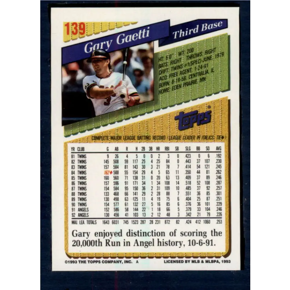 1993 Topps #139 Gary Gaetti NM-MT California Angels Baseball Card Image 2