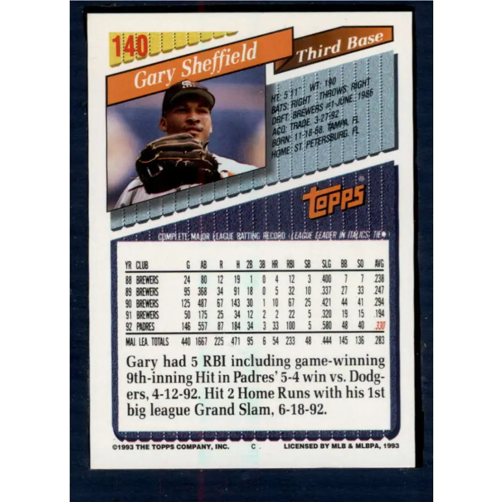 1993 Topps #140 Gary Sheffield NM-MT San Diego Padres Baseball Card Image 2