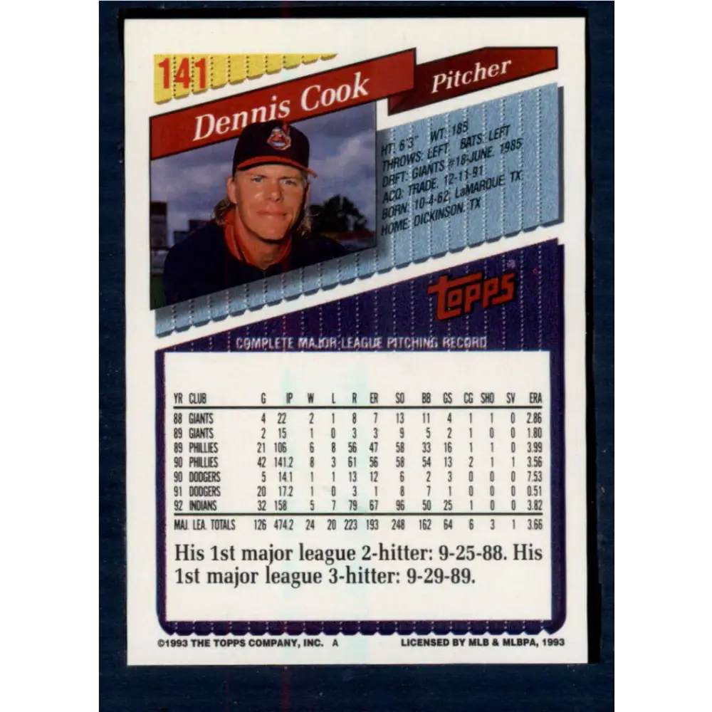 1993 Topps #141 Dennis Cook NM-MT Cleveland Indians Baseball Card Image 2