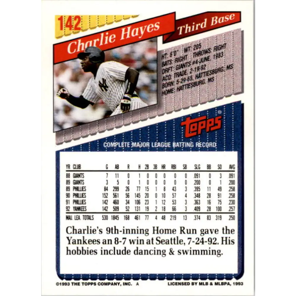 1993 Topps #142 Charlie Hayes NM-MT New York Yankees Baseball Card Image 2