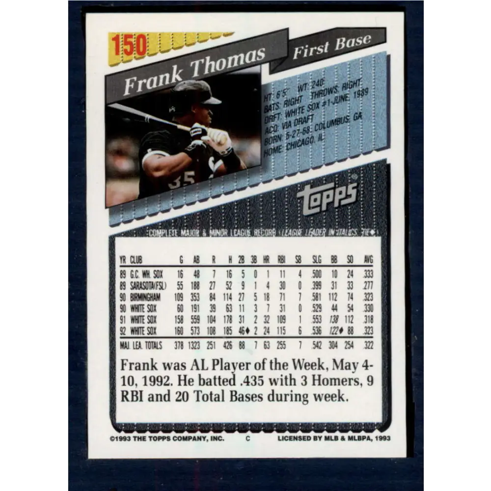 1993 Topps #150 Frank Thomas NM-MT Chicago White Sox Baseball Card Image 2