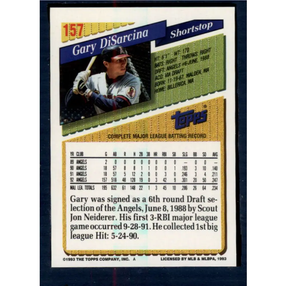 1993 Topps #157 Gary DiSarcina NM-MT California Angels Baseball Card Image 2