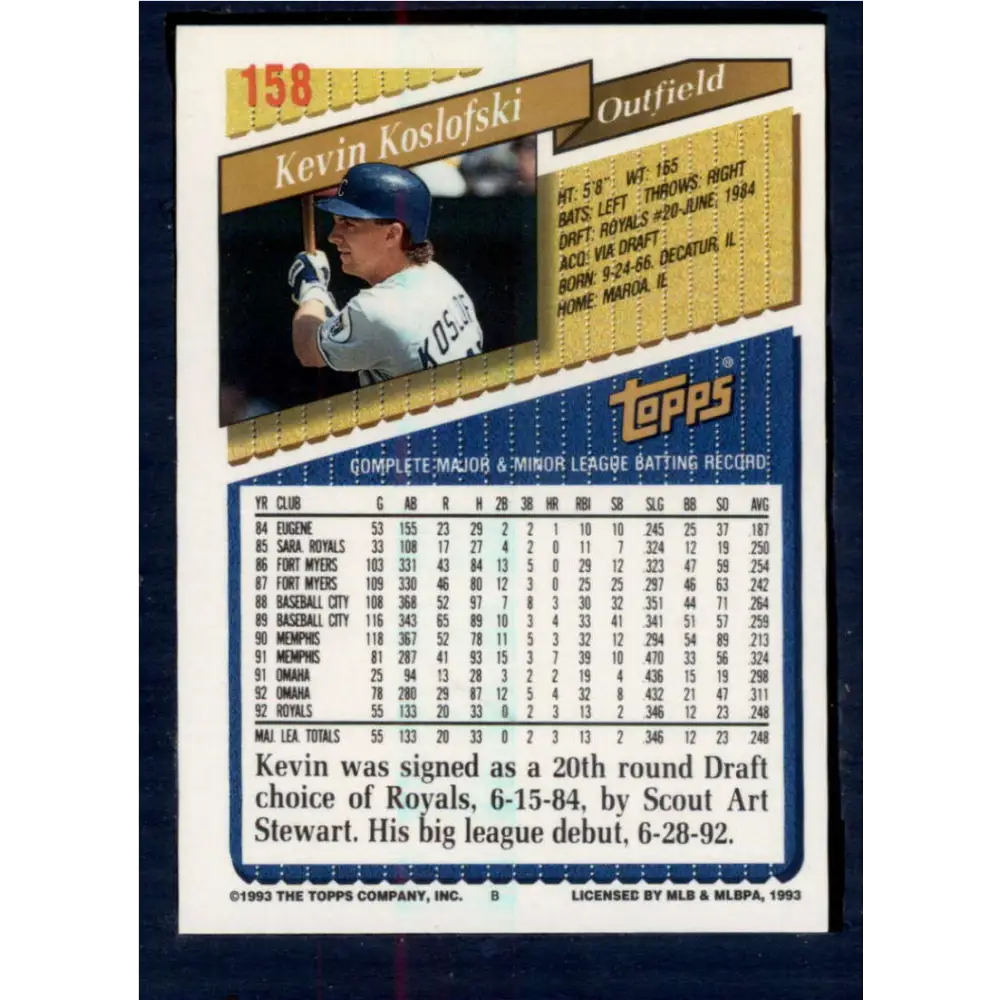1993 Topps #158 Kevin Koslofski NM-MT Kansas City Royals Baseball Card Image 2
