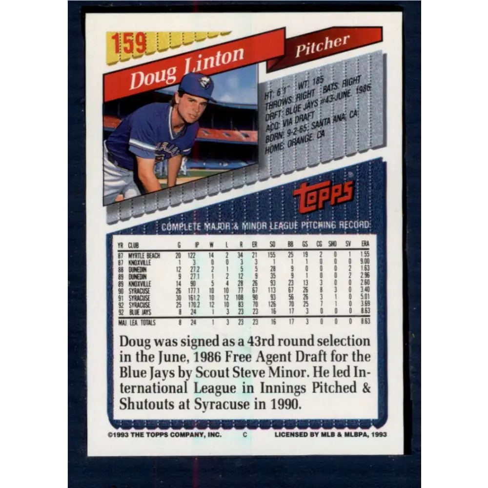 1993 Topps #159 Doug Linton NM-MT Toronto Blue Jays Baseball Card Image 2