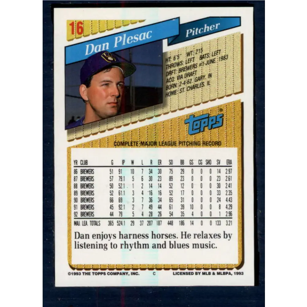 1993 Topps #16 Dan Plesac NM-MT Milwaukee Brewers Baseball Card Image 2