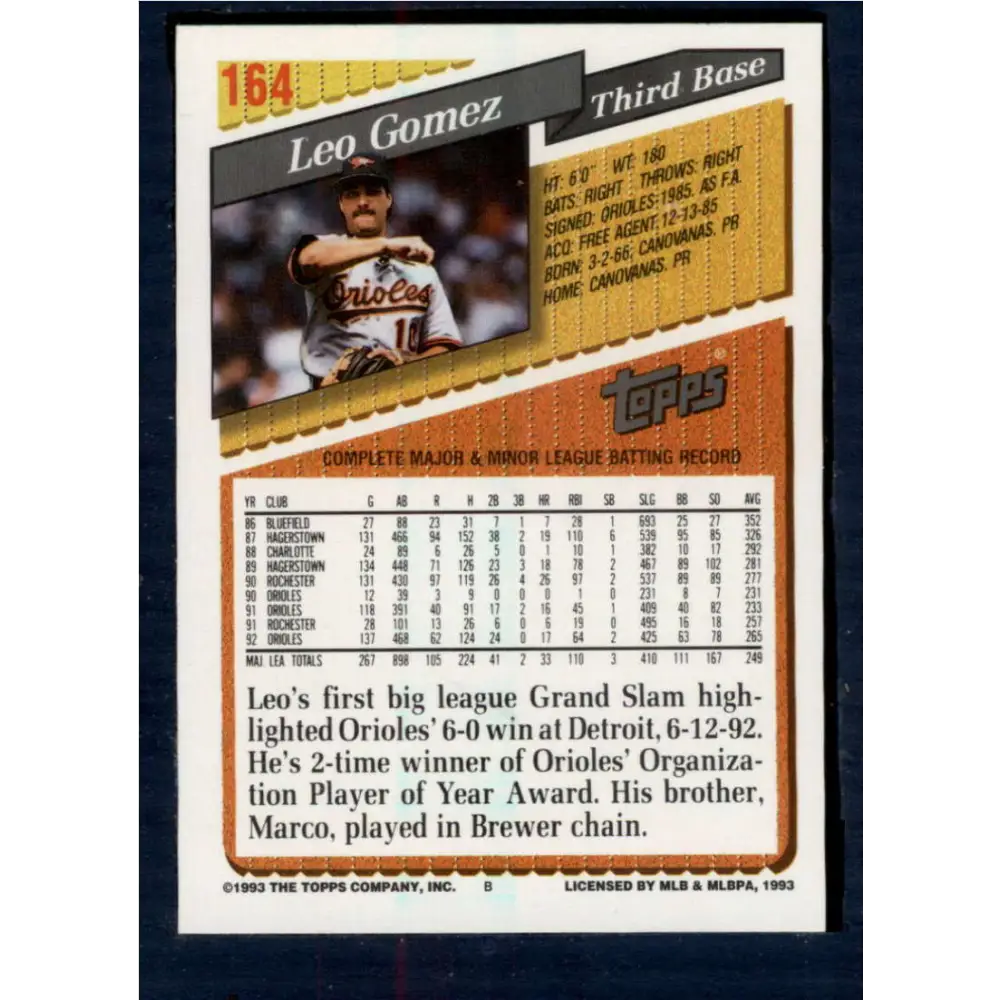 1993 Topps #164 Leo Gomez NM-MT Baltimore Orioles Baseball Card Image 2