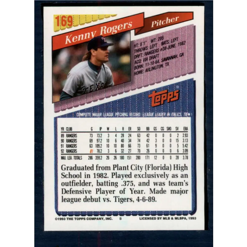 1993 Topps #169 Kenny Rogers NM-MT Texas Rangers Baseball Card Image 2