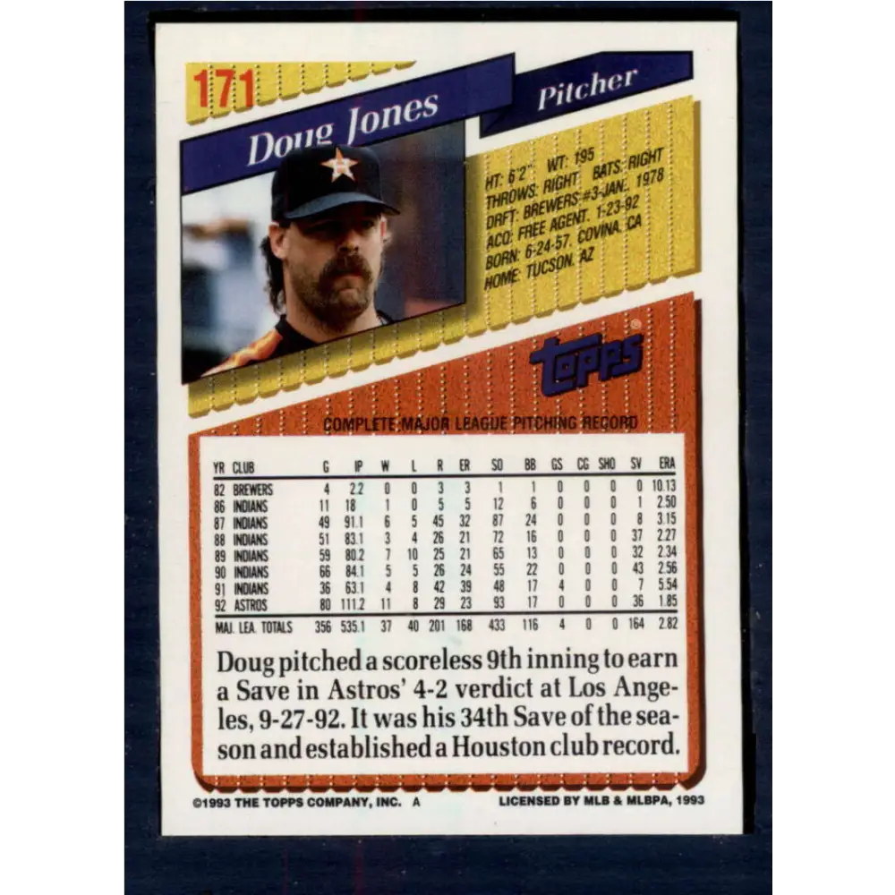 1993 Topps #171 Doug Jones NM-MT Houston Astros Baseball Card Image 2