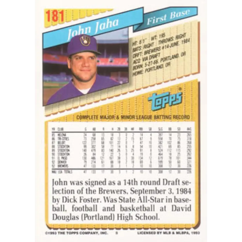 1993 Topps #181 John Jaha NM-MT Milwaukee Brewers Baseball Card Image 2