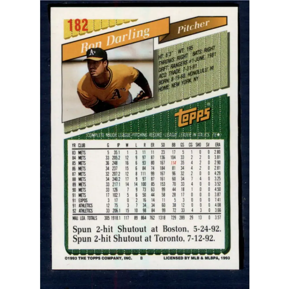 1993 Topps #182 Ron Darling NM-MT Oakland Athletics Baseball Card Image 2