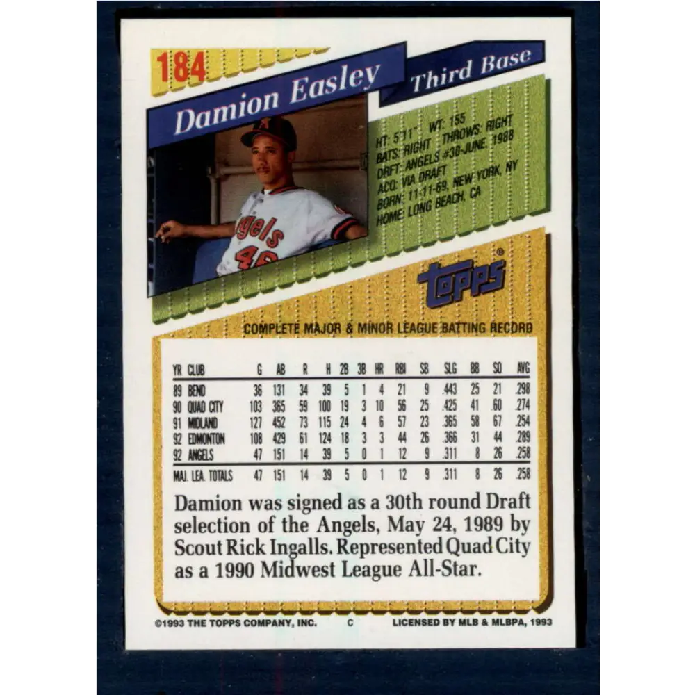 1993 Topps #184 Damion Easley NM-MT California Angels Baseball Card Image 2
