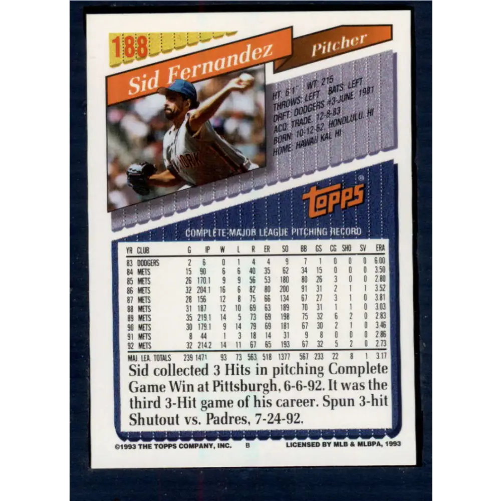 1993 Topps #188 Sid Fernandez NM-MT New York Mets Baseball Card Image 2