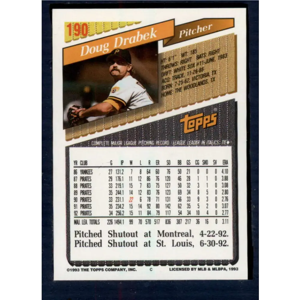 1993 Topps #190 Doug Drabek NM-MT Pittsburgh Pirates Baseball Card Image 2