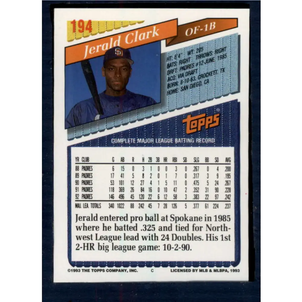 1993 Topps #194 Jerald Clark NM-MT San Diego Padres Baseball Card Image 2