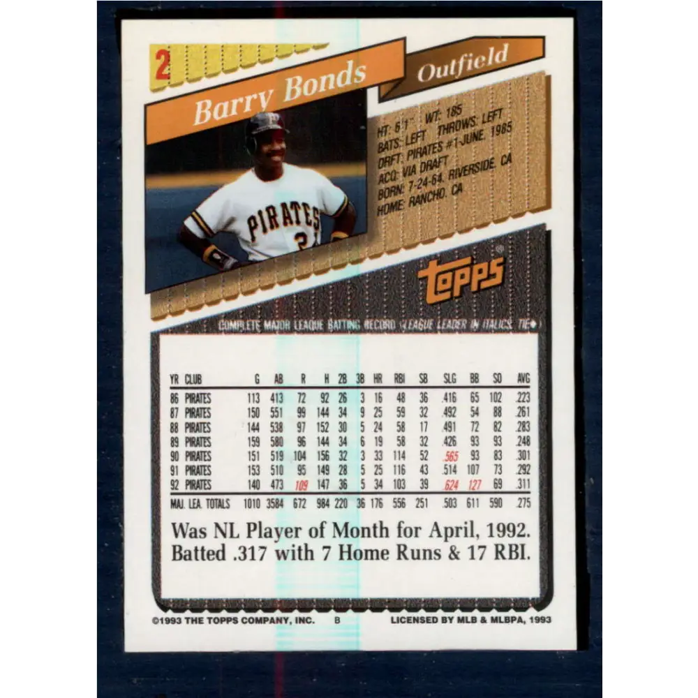 1993 Topps #2 Barry Bonds NM-MT Pittsburgh Pirates Baseball Card Image 2