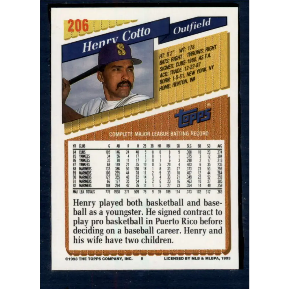 1993 Topps #206 Henry Cotto NM-MT Seattle Mariners Baseball Card Image 2