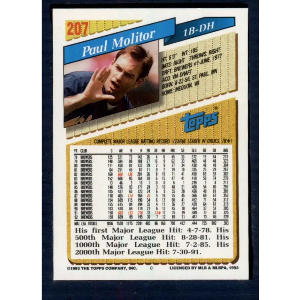 1993 Topps #207 Paul Molitor NM-MT Milwaukee Brewers Baseball Card Image 2