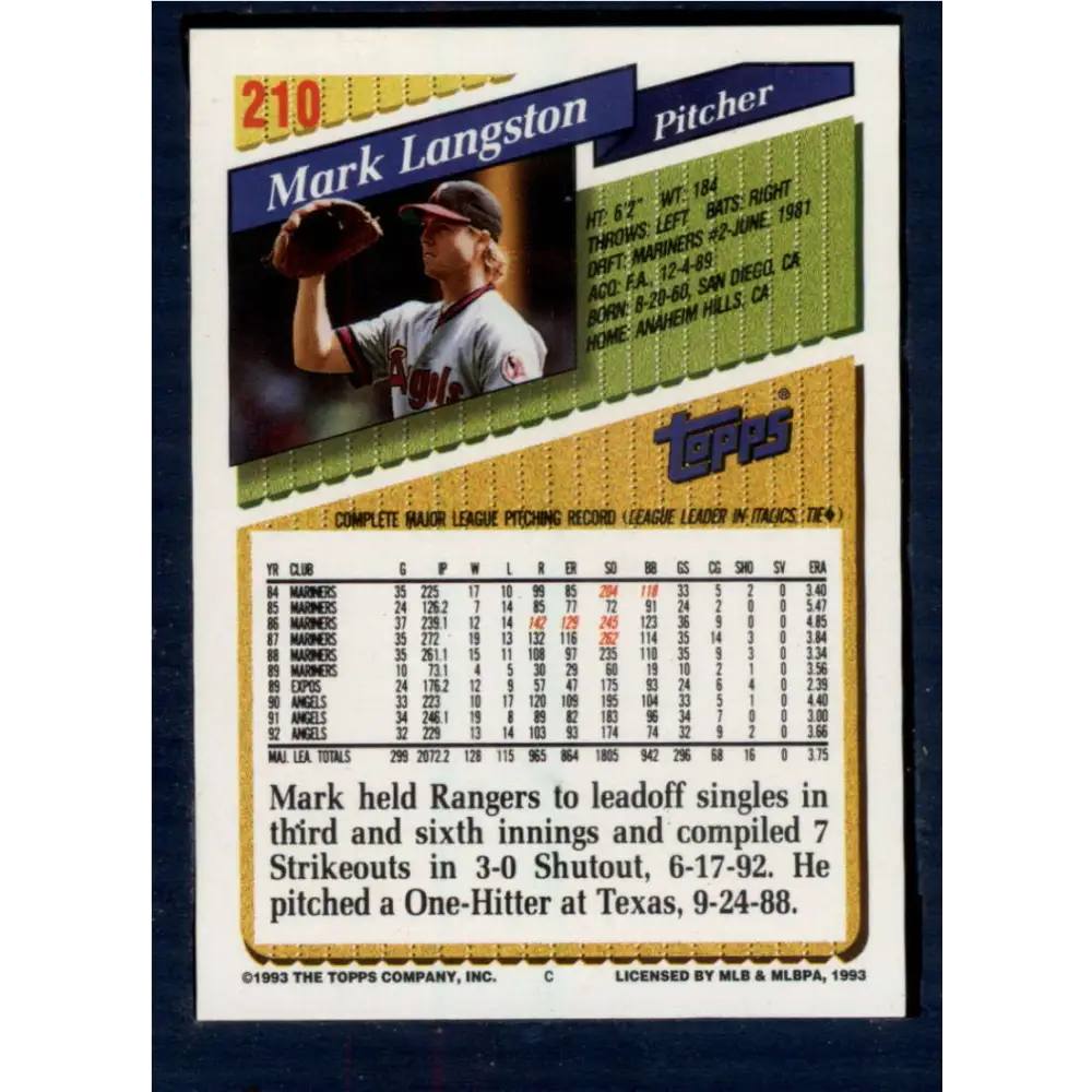 1993 Topps #210 Mark Langston NM-MT California Angels Baseball Card Image 2