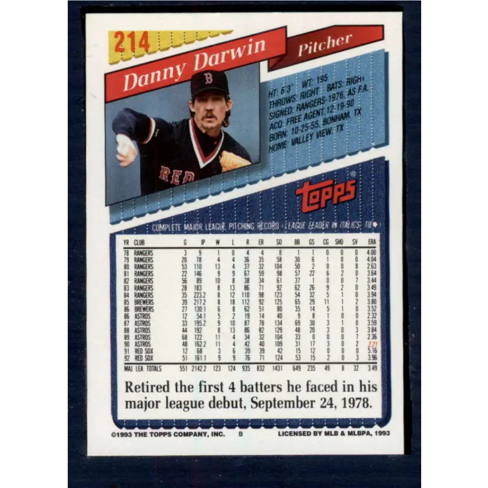 1993 Topps #214 Danny Darwin NM-MT Boston Red Sox Baseball Card Image 2