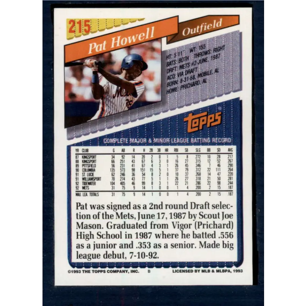 1993 Topps #215 Pat Howell NM-MT New York Mets Baseball Card Image 2