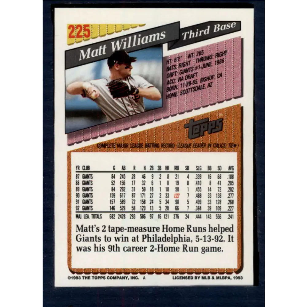 1993 Topps #225 Matt Williams NM-MT San Francisco Giants Baseball Card Image 2