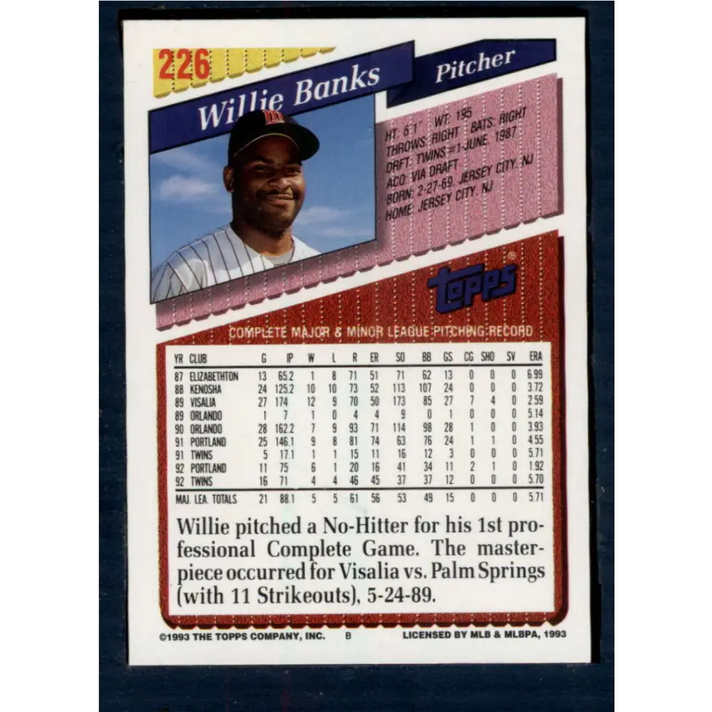 1993 Topps #226 Willie Banks NM-MT Minnesota Twins Baseball Card Image 2