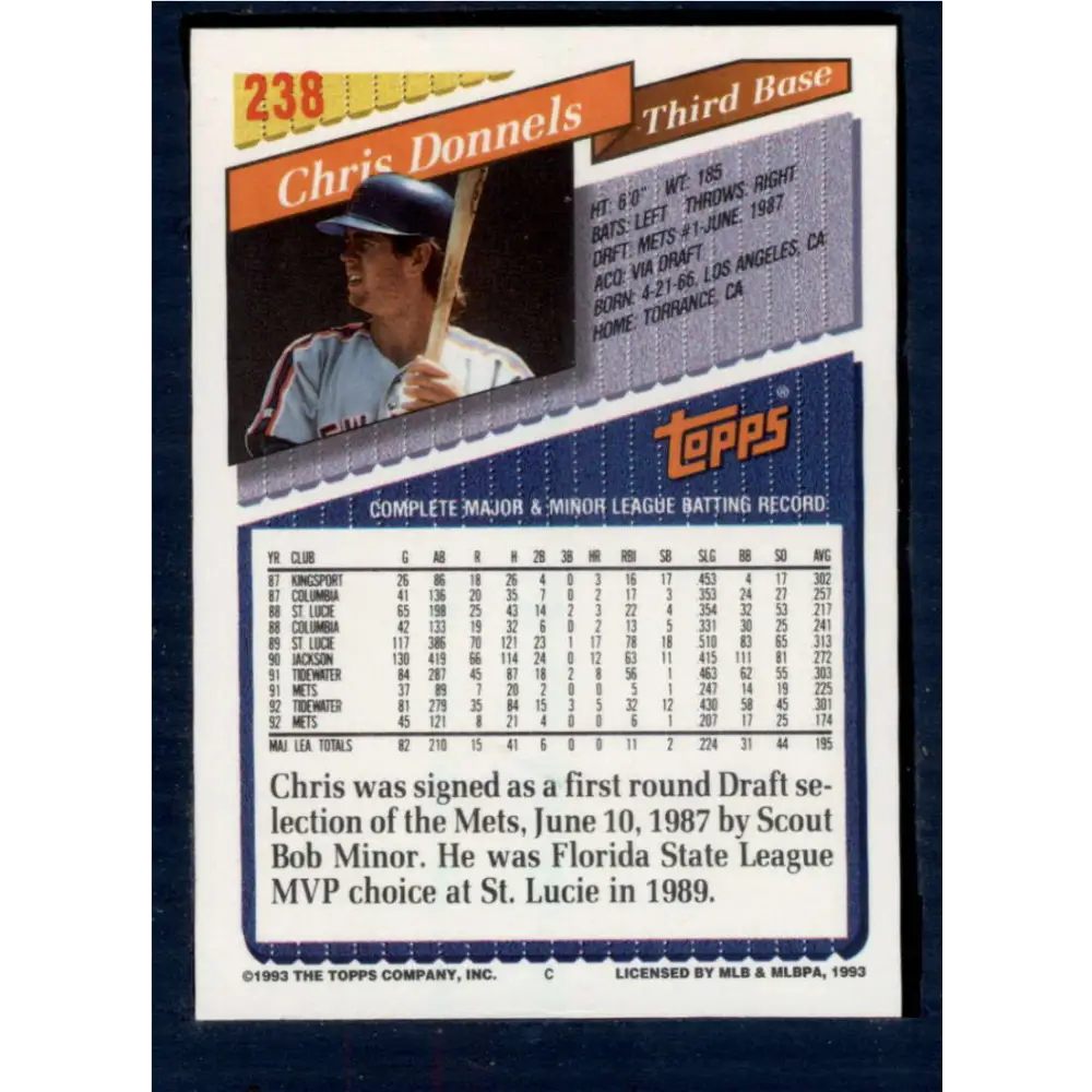 1993 Topps #238 Chris Donnels NM-MT New York Mets Baseball Card Image 2