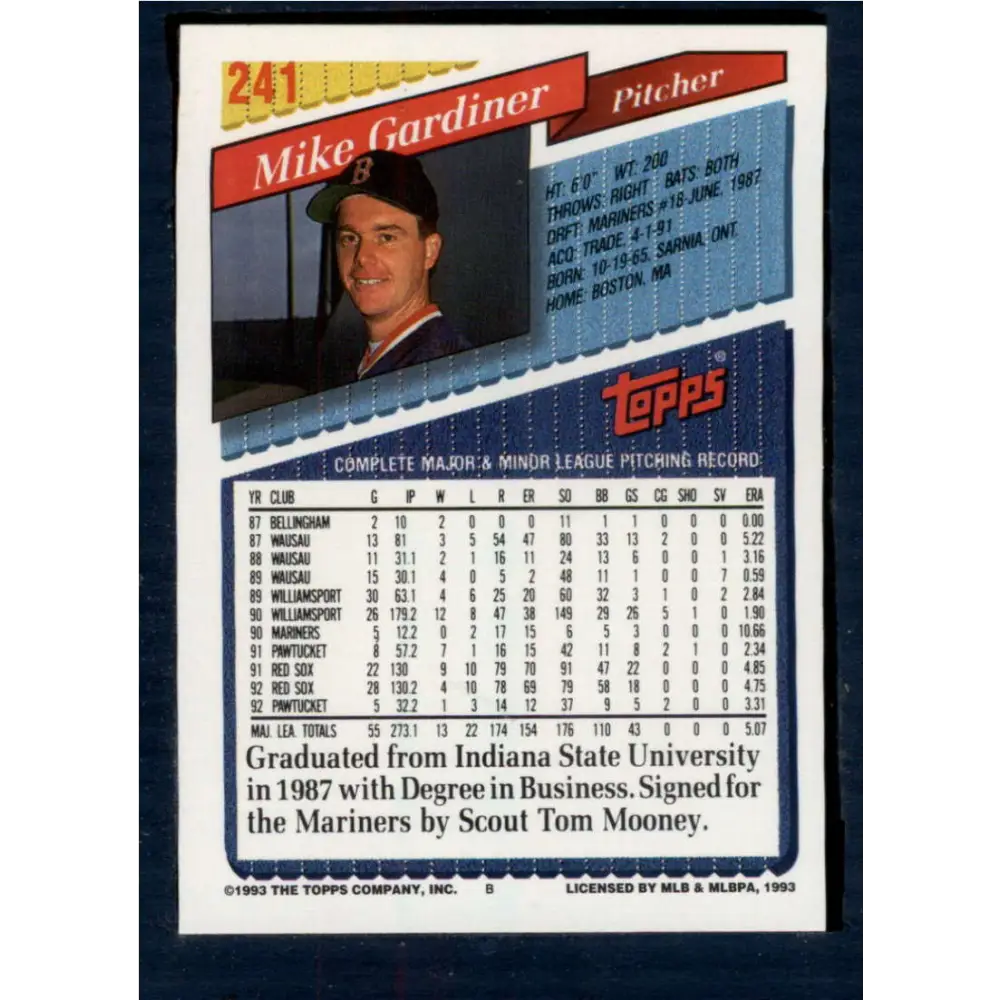 1993 Topps #241 Mike Gardiner NM-MT Boston Red Sox Baseball Card Image 2