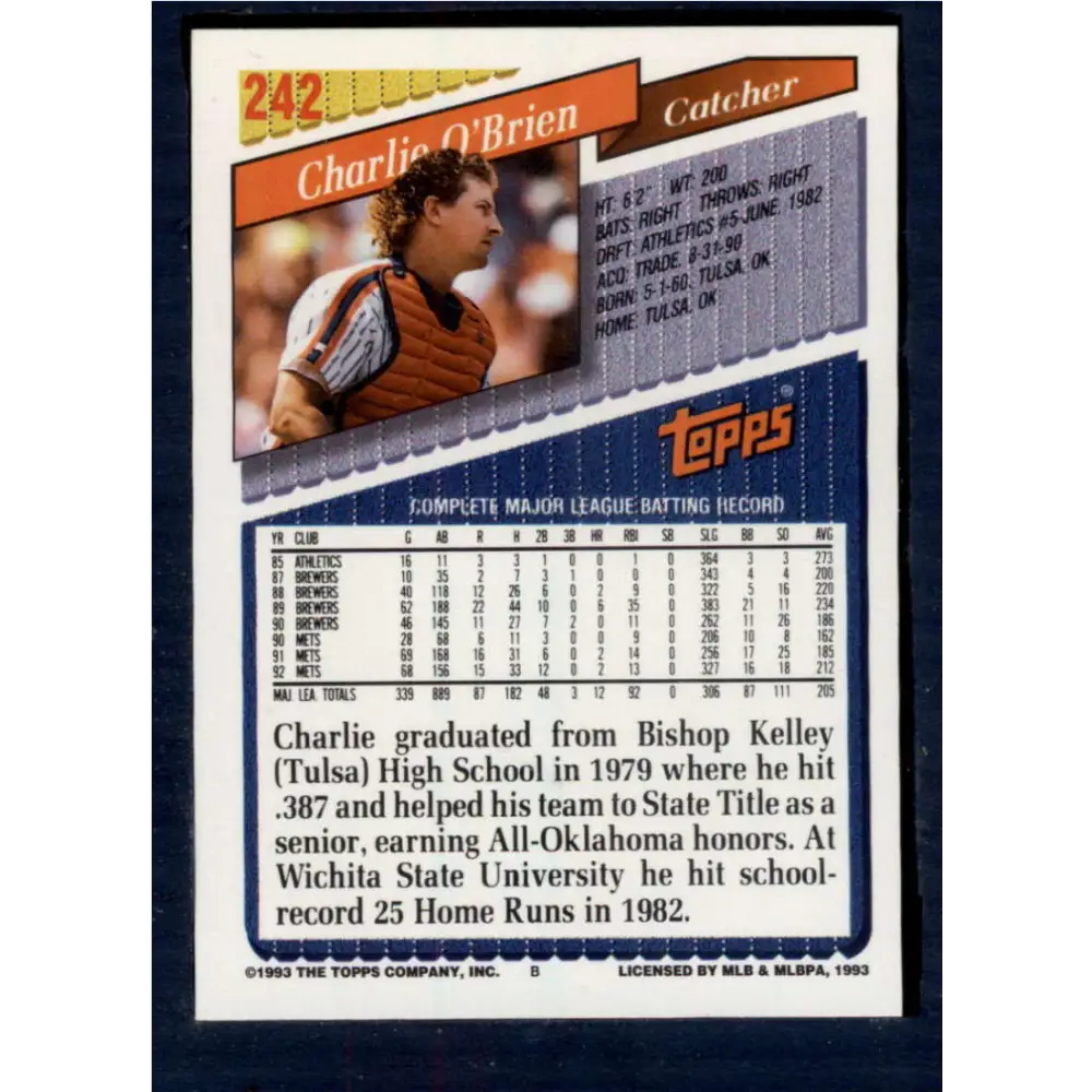 1993 Topps #242 Charlie O'Brien NM-MT New York Mets Baseball Card Image 2