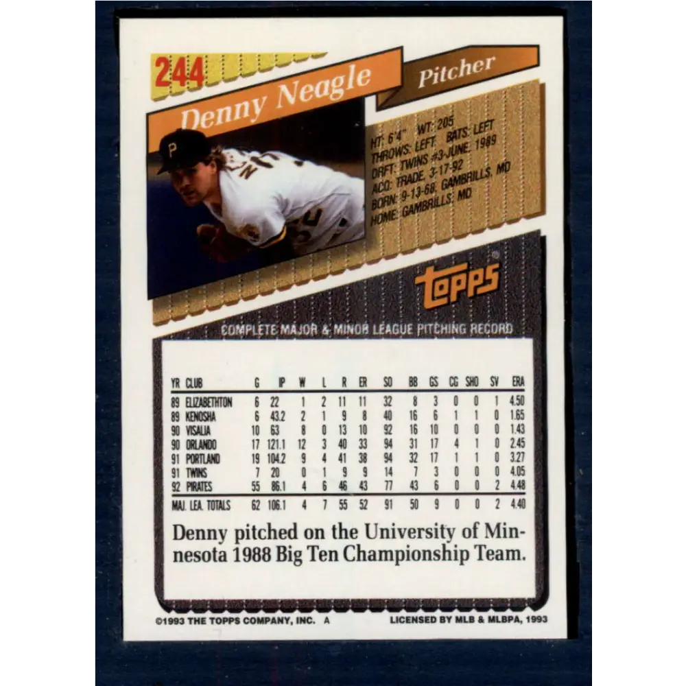 1993 Topps #244 Denny Neagle NM-MT Pittsburgh Pirates Baseball Card Image 2