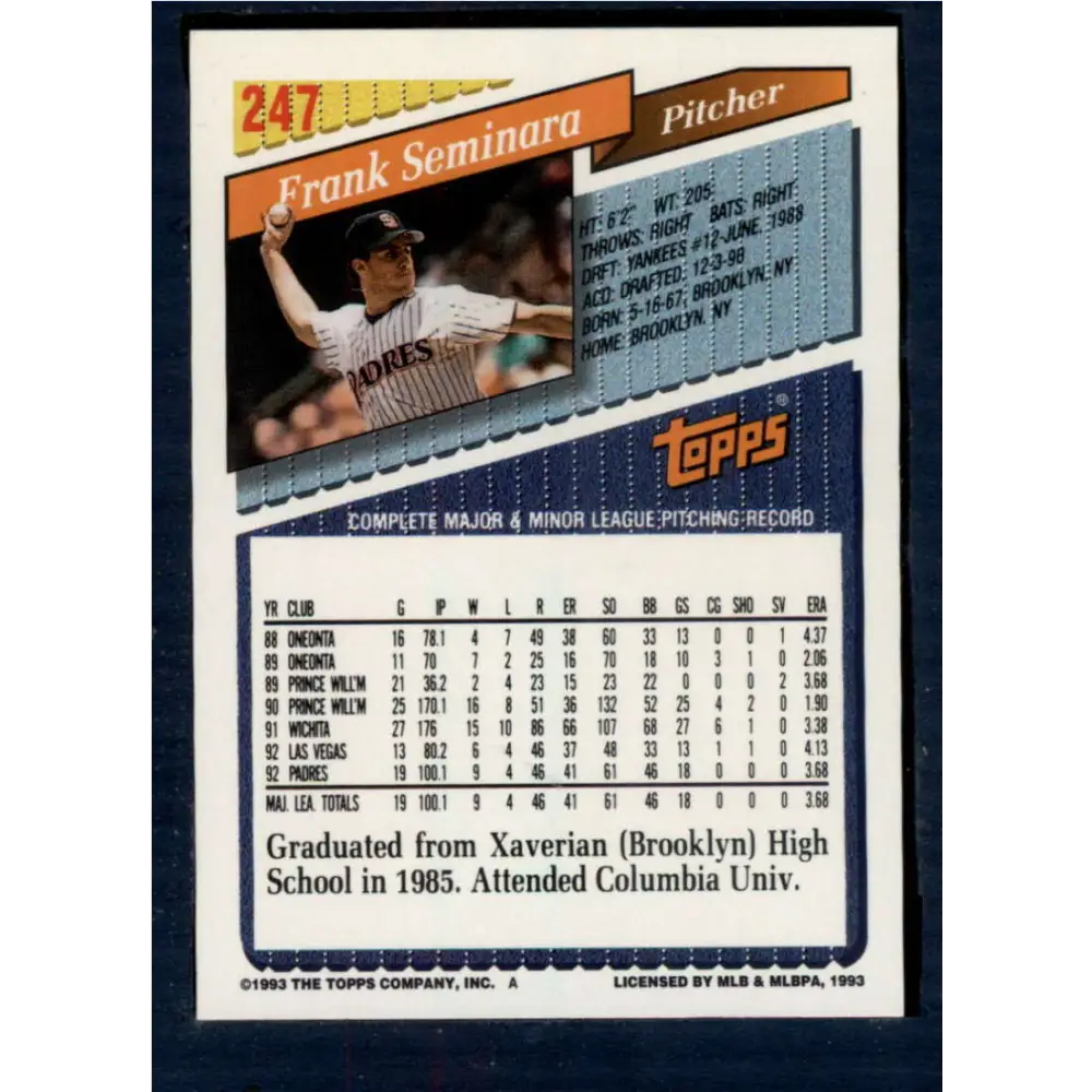 1993 Topps #247 Frank Seminara NM-MT San Diego Padres Baseball Card Image 2