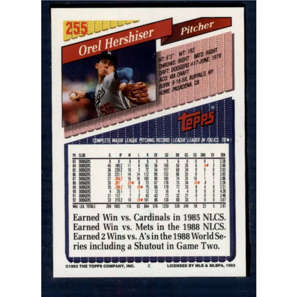 1993 Topps #255 Orel Hershiser NM-MT Los Angeles Dodgers Baseball Card Image 2