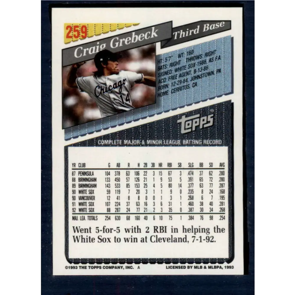 1993 Topps #259 Craig Grebeck NM-MT Chicago White Sox Baseball Card Image 2
