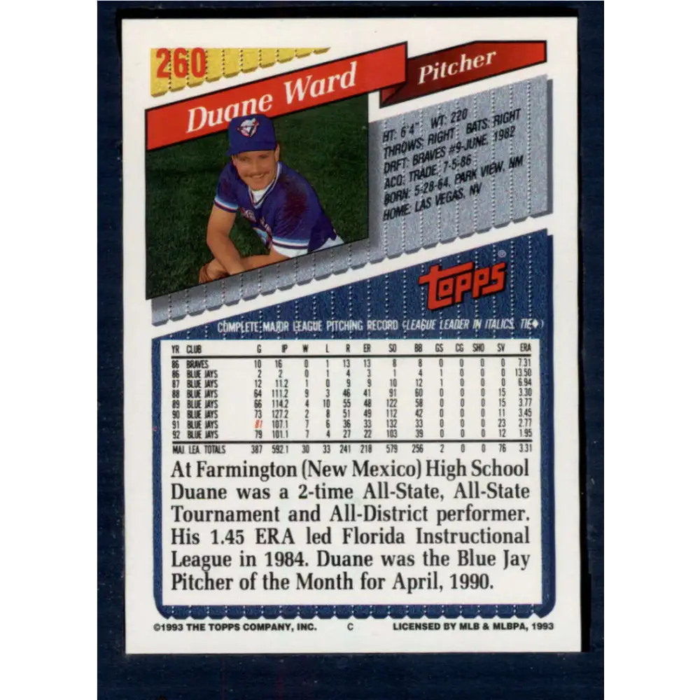 1993 Topps #260 Duane Ward NM-MT Toronto Blue Jays Baseball Card Image 2