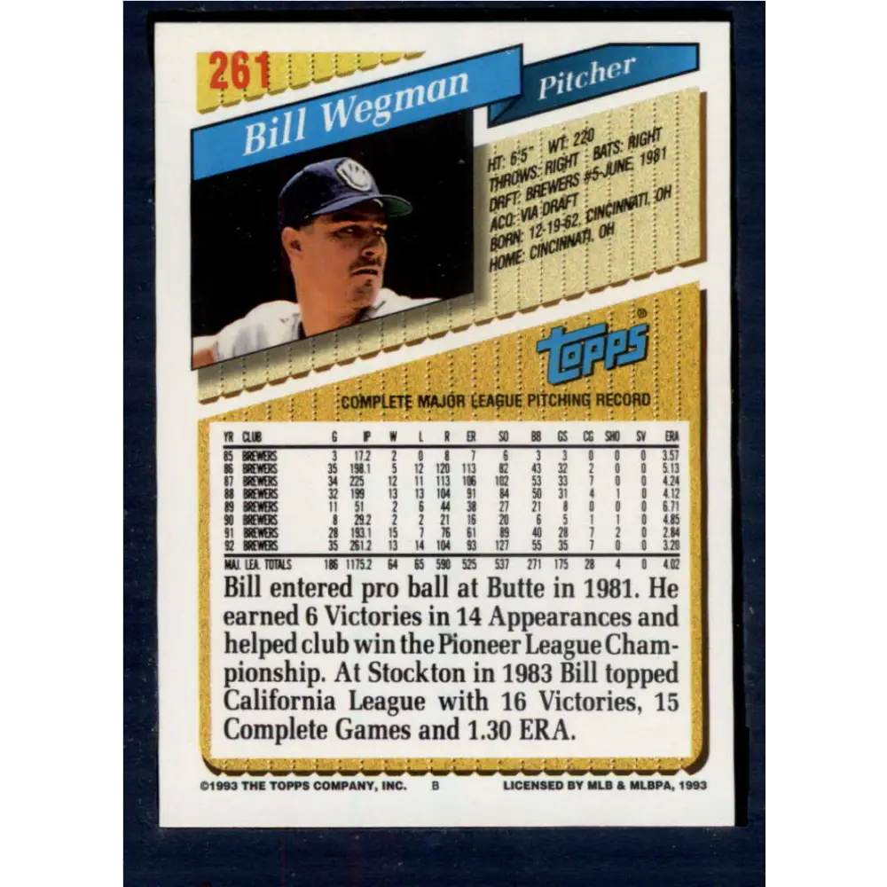 1993 Topps #261 Bill Wegman NM-MT Milwaukee Brewers Baseball Card Image 2