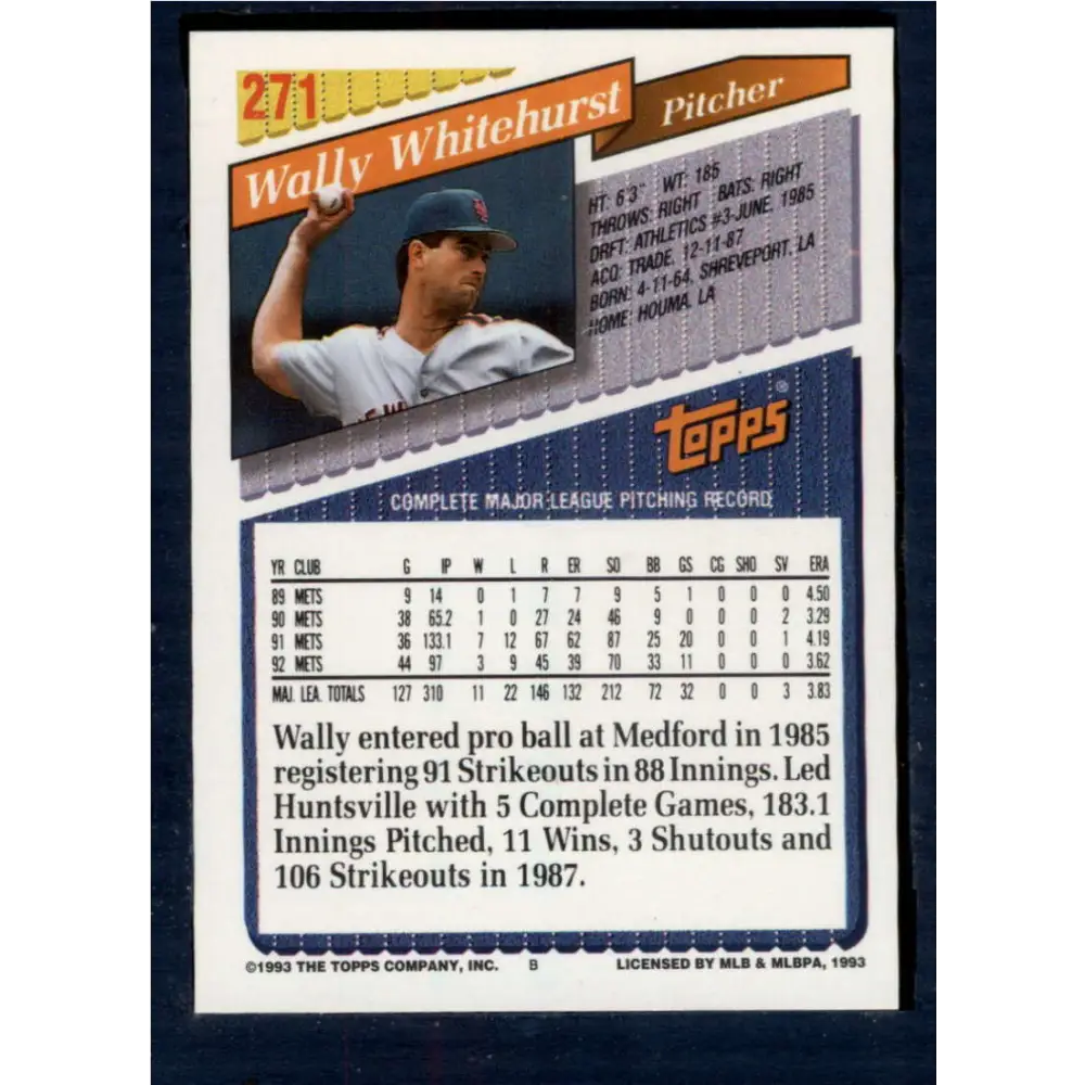 1993 Topps #271 Wally Whitehurst NM-MT New York Mets Baseball Card Image 2